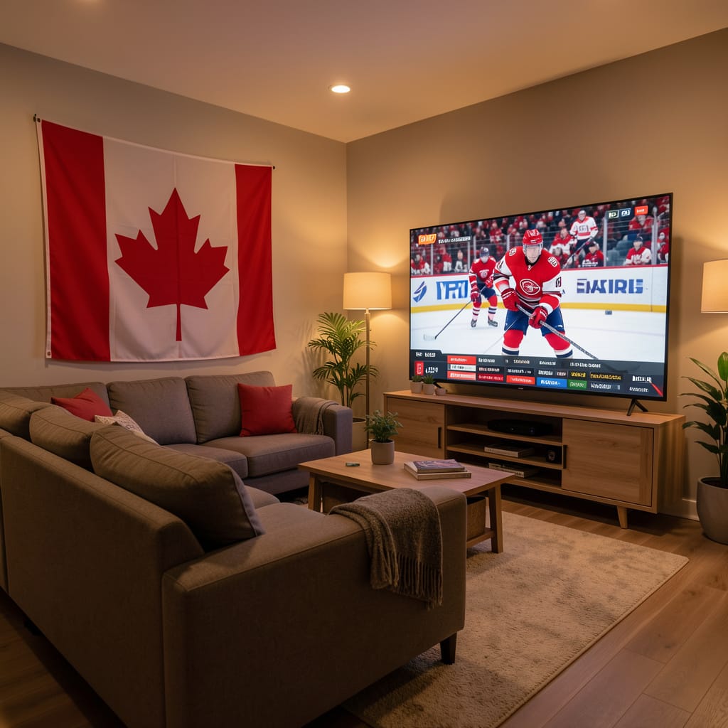 Modern living room in Canada with a large smart TV showing live sports streaming through IPTV for Sports Canada, hockey game on screen, streaming interface with sports channels, Canadian flag decoration, cozy sofa, cinematic lighting, ultra realistic