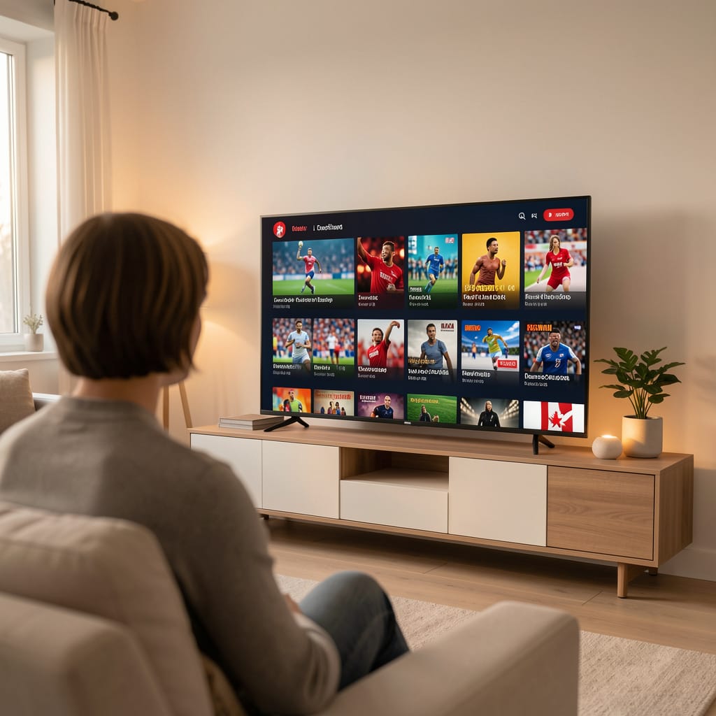 Smart TV displaying IPTV streaming interface with live TV channels, sports and movies thumbnails, modern apartment in Canada at night with city lights outside window, Canadian themed decoration, high-tech entertainment atmosphere, ultra realistic