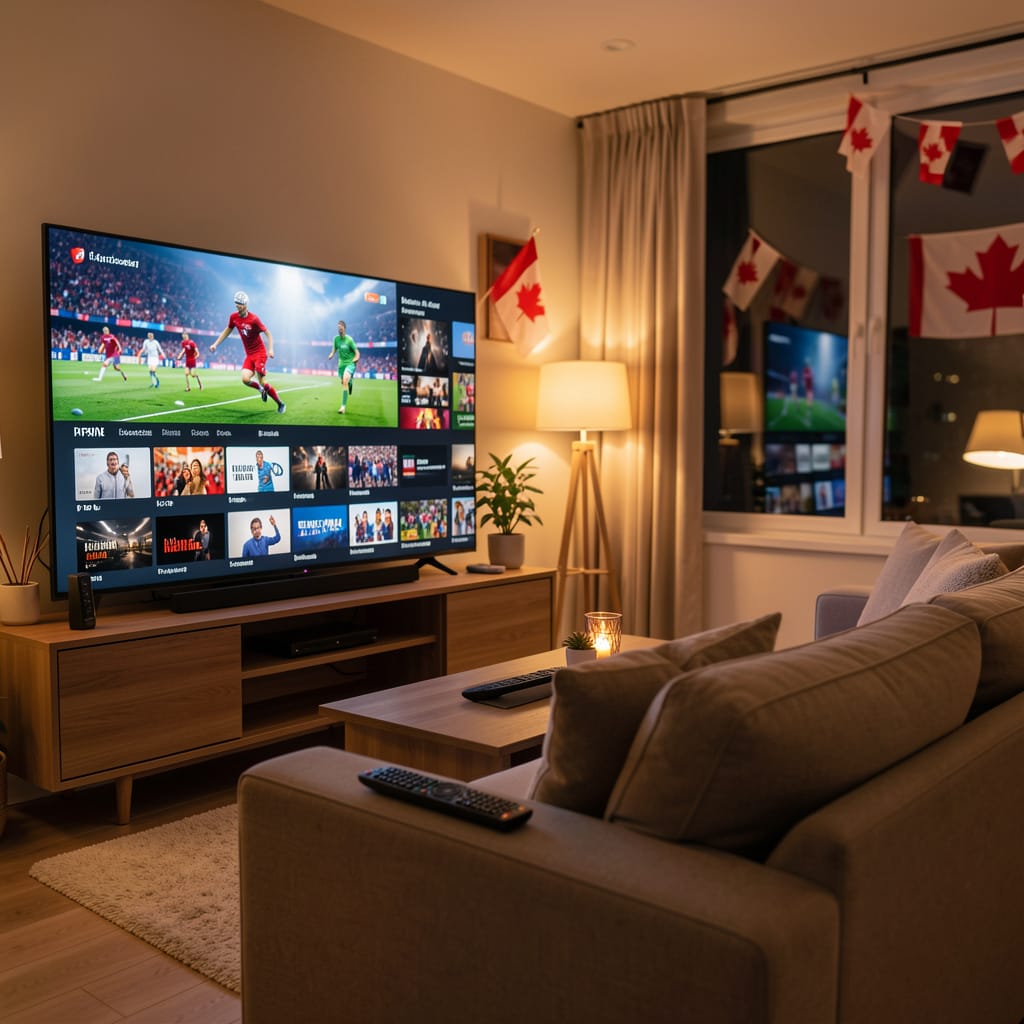 Person watching live TV through IPTV on a smart TV in a modern Canadian home, streaming interface showing sports and movie channels in HD and 4K, minimalistic interior design, soft cinematic lighting, Canadian style decoration, ultra realistic photography
